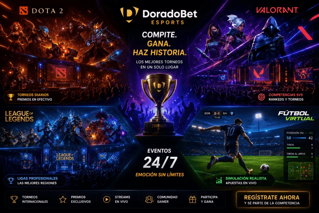 Universo competitivo de DoradoBet con esports, simulaciones virtuales y eventos para jugadores digitales.