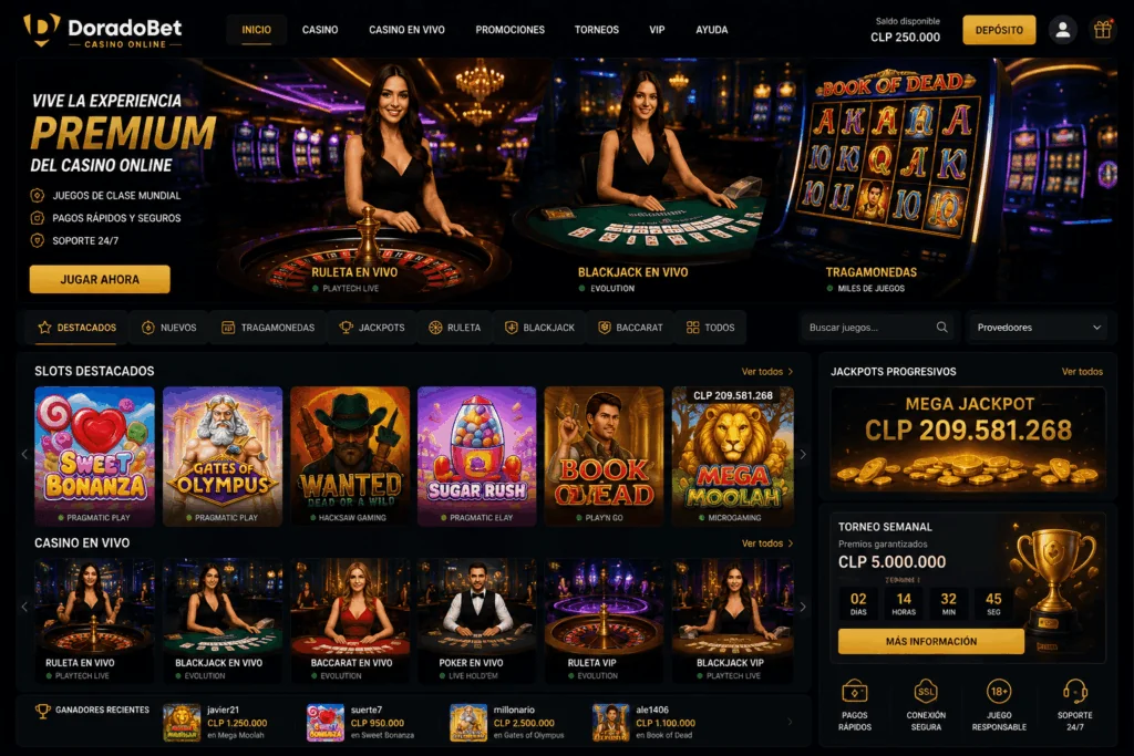 Plataforma de entretenimiento DoradoBet con catálogo de juegos, experiencias en vivo y premios destacados.