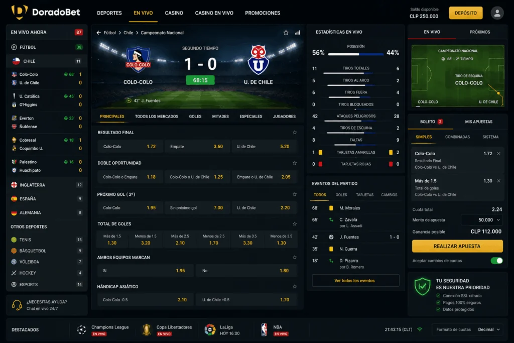 Centro de eventos deportivos de DoradoBet con seguimiento de partidos, mercados y estadísticas en directo.