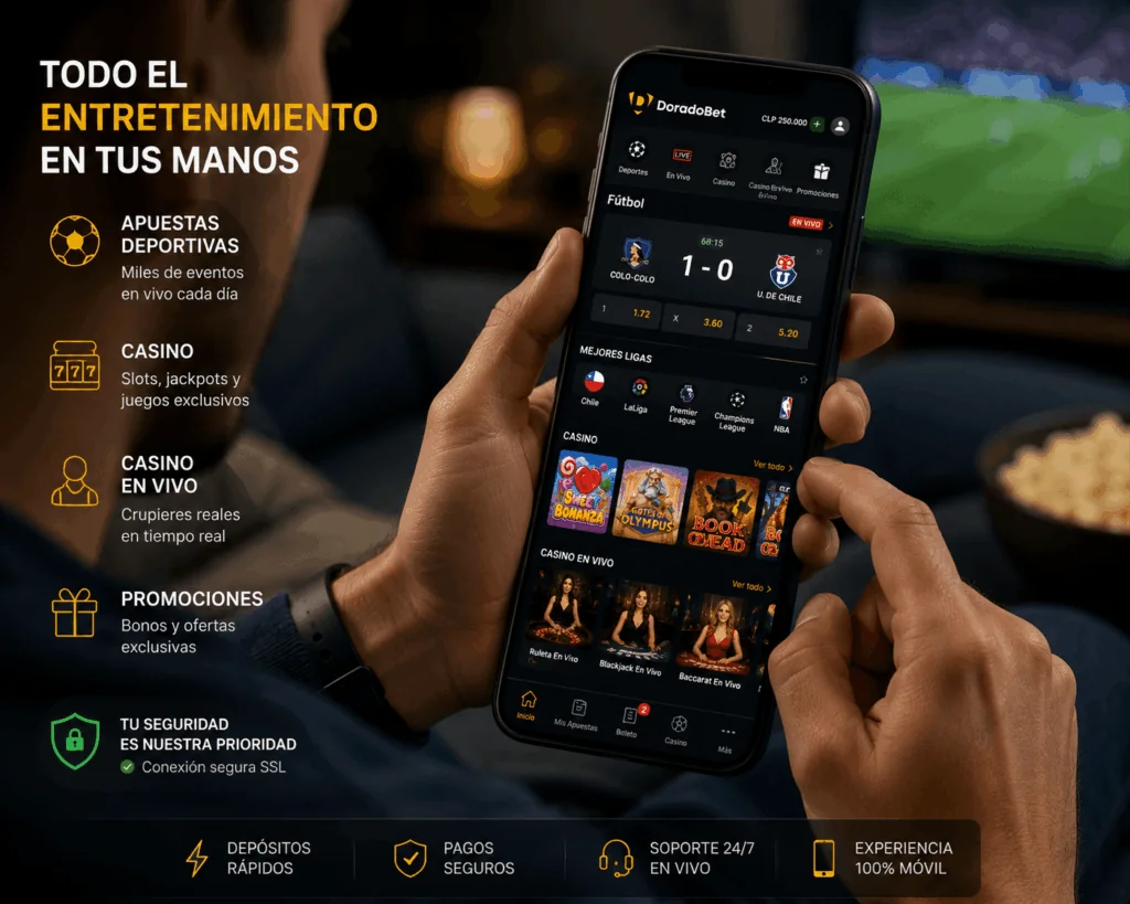 Aplicación móvil de DoradoBet diseñada para acceder a deportes, juegos y promociones desde cualquier lugar.