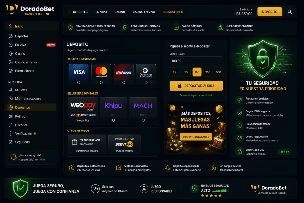 Soluciones de pago de DoradoBet con múltiples opciones financieras y entorno protegido para transacciones.